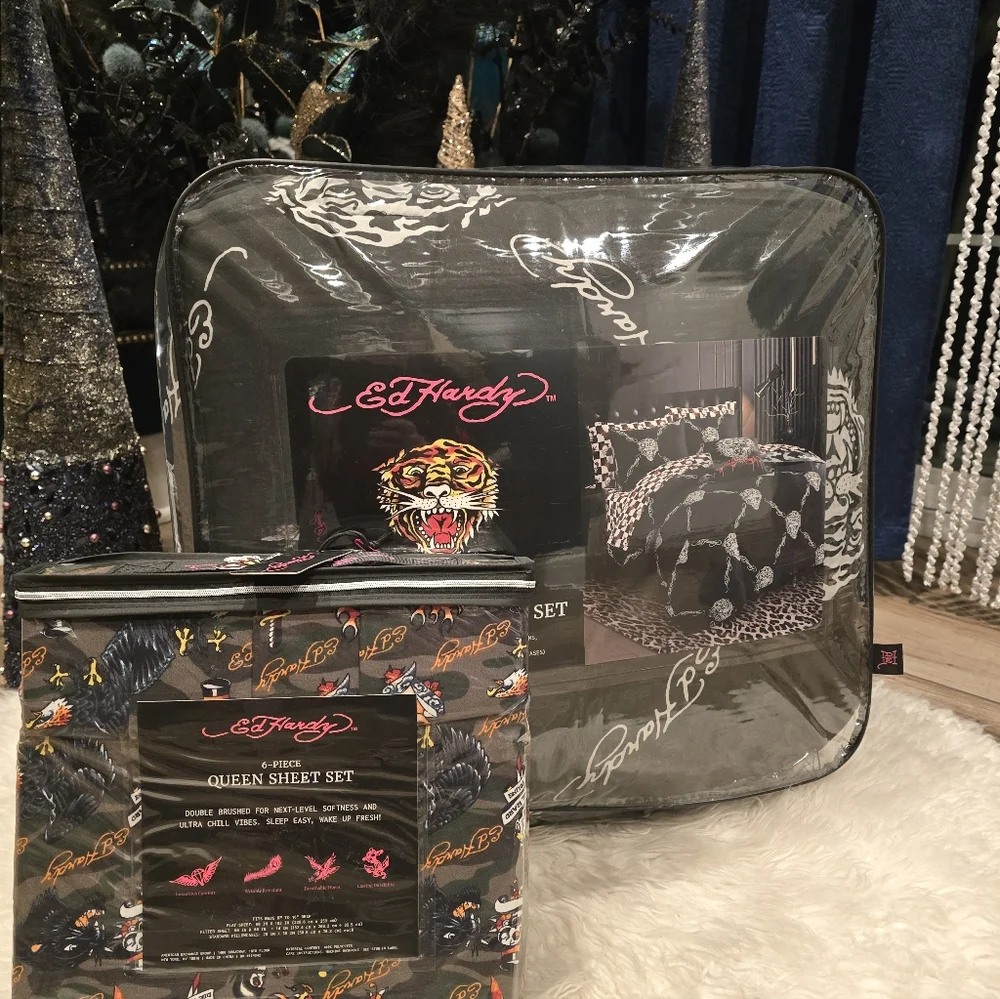 Set of 2 Ed Hardy Queen comforter set with sheets New